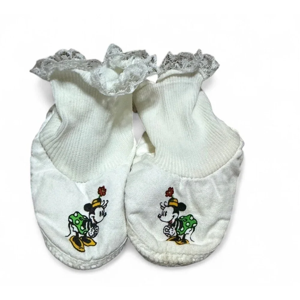Vintage Infant Minnie Mouse Booties Lace Trim Baby‎ Shoes White Disney 80's